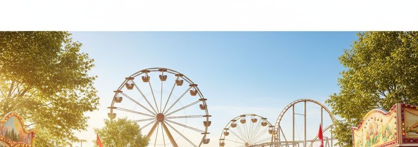 Families enjoying a colorful amusement park on a sunny day, illustrating the thriving entertainment industry that business loans help support