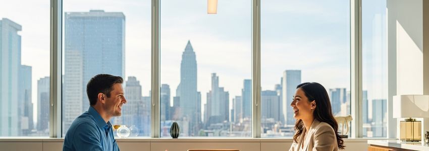 Small business owner in Anchorage Alaska reviewing financing documents in a professional office setting