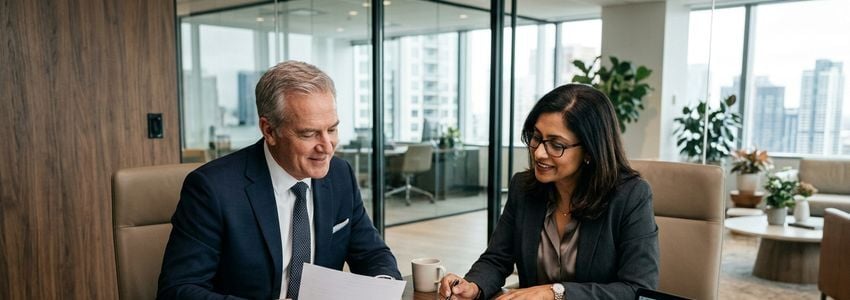 Hotel owner and financial advisor reviewing Andaz franchise loan documents at a conference table
