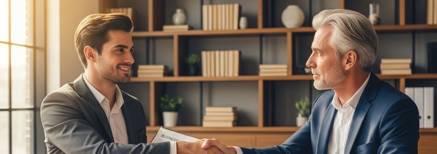 Entrepreneur shaking hands with angel investor over business funding agreement in modern office