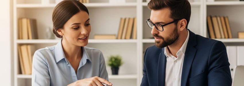 Entrepreneur and angel investor reviewing startup pitch documents in a professional office setting