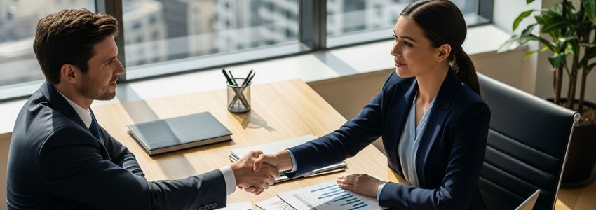 Startup founder and angel investor shaking hands in a professional business meeting