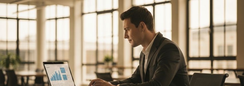 Business professional reviewing financing options and financial data on laptop in modern office