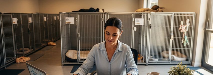 Animal boarding business owner reviewing financing options at a pet care facility
