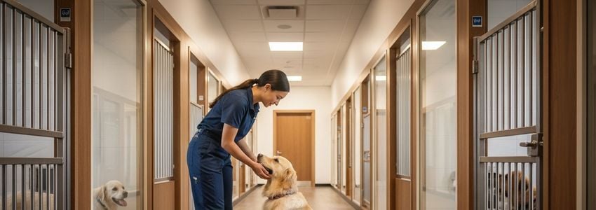 Professional animal boarding facility with modern kennel runs and climate-controlled environment