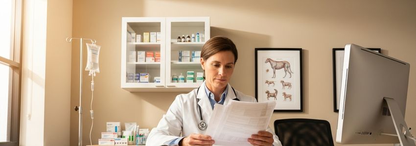 Veterinarian reviewing business loan documents at an animal hospital office desk