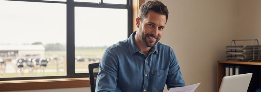 Farm owner reviewing business loan documents with cattle visible through office window
