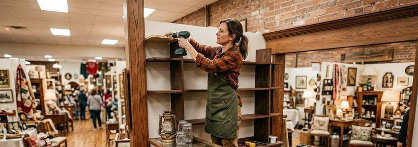 Antique dealer arranging a glass display case and shelving in a newly built-out antique mall booth