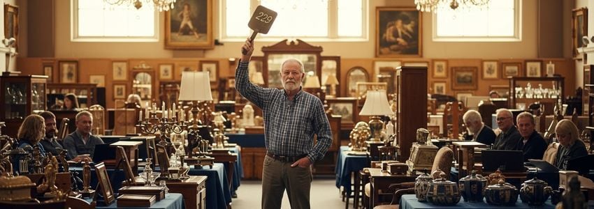 Antique dealer at an estate auction, bidding on furniture and collectibles for their antique store
