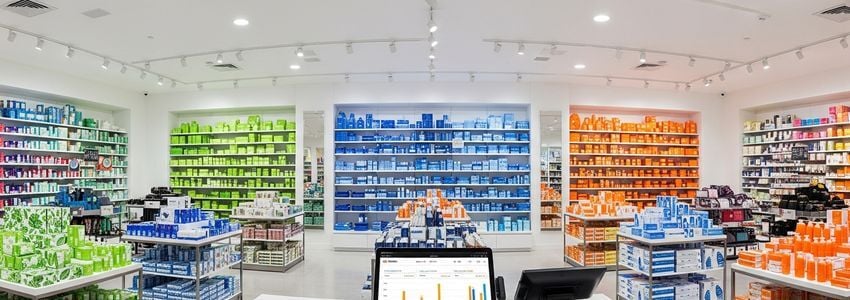 Modern retail store interior with colorful product displays showing organized merchandise and analytics dashboard to illustrate average order value growth strategy