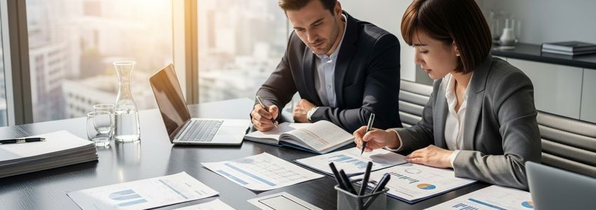 Business professionals reviewing accounts payable and receivable financial reports