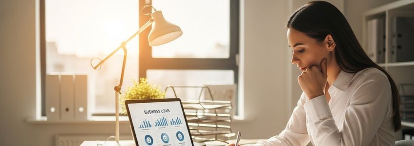 Business owner reviewing appliance repair business loan options on laptop