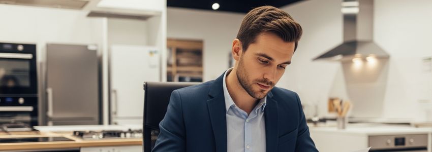 Appliance store owner reviewing business loan financing options at a commercial desk in a showroom