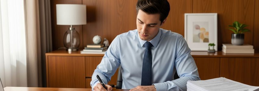 Business owner reviewing and signing purchase order financing documents at office desk