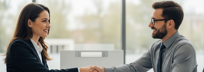 Small business owner shaking hands with loan officer at Crestmont Capital