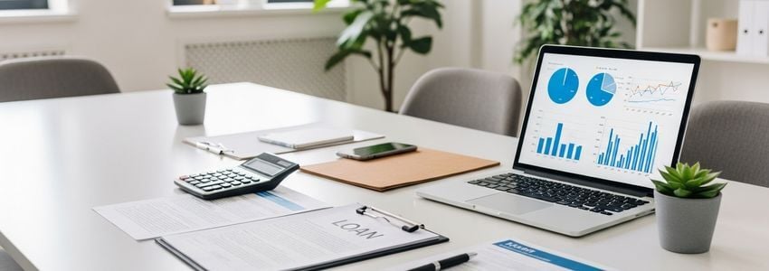 Business owner reviewing APR and loan terms at a professional office desk