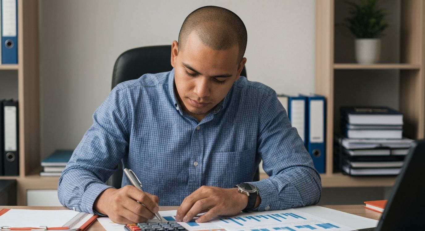 Business owner reviewing financial documents and comparing loan cost structures at a professional office desk