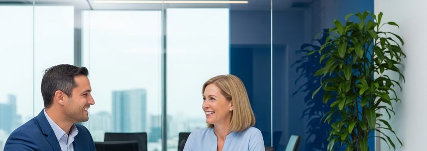 Business advisor and small business owner discussing APR and loan terms in a modern conference room