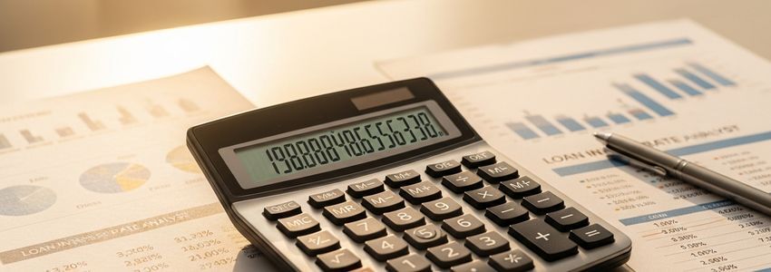 Business calculator and financial documents showing interest rate calculations and loan cost comparison