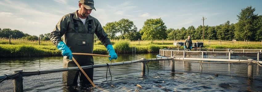 Aquaculture farmer checking fish at outdoor pond and net pen facility
