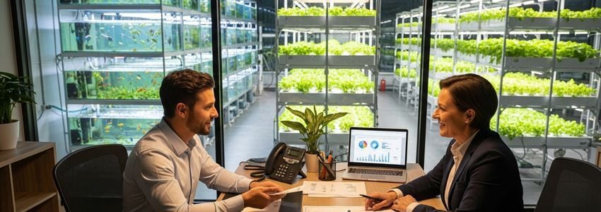 Aquaponics farm owner meeting with business advisor to discuss financing options