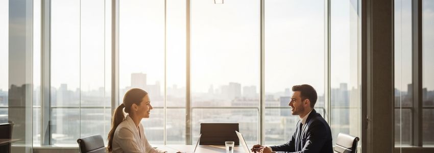 Business professionals in a modern office discussing accounts receivable factoring options
