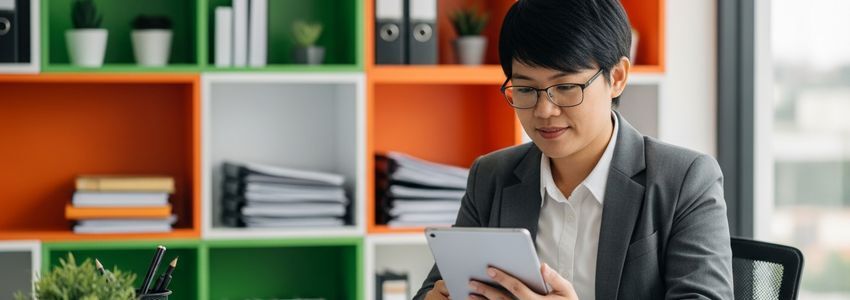 Small business owner reviewing accounts receivable financing options on tablet in modern office