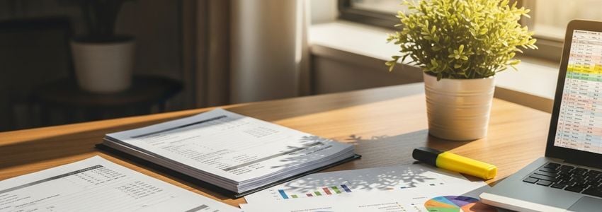 Business financial documents and invoice reports spread on a professional desk representing accounts receivable management