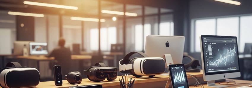 VR headsets and AR technology devices on a modern office desk representing AR/VR business financing options