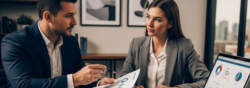 Financial advisor and small business owner reviewing adjustable-rate loan documents and rate comparison charts in a professional office setting