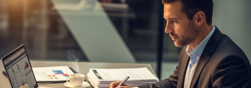 Business owner reviewing Arby's franchise financing documents at a modern office desk with laptop and contracts