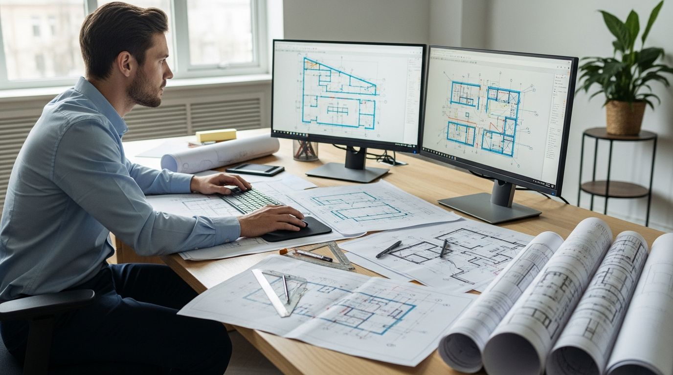 Civil engineer reviewing architectural plans on dual monitors with blueprints at a professional workstation