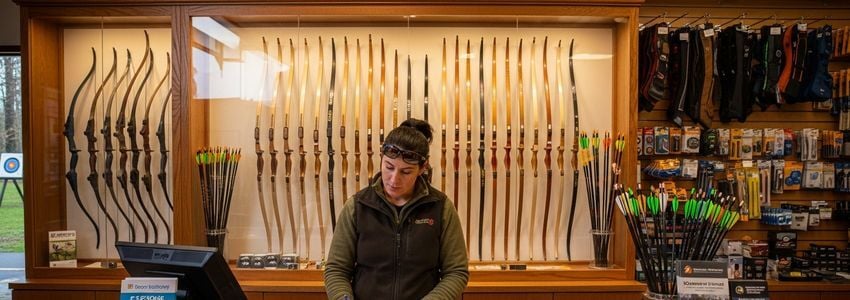 Archery range business owner reviewing financing documents at a professional pro shop counter