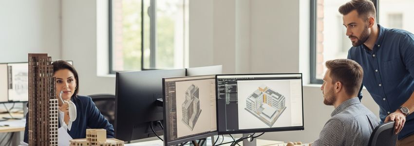 Professional architects reviewing business loan documents and building designs in a modern architecture studio