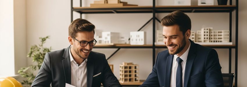 Architecture firm principals reviewing loan documents and project plans at a modern conference table