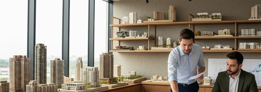 Architecture firm owners reviewing business financing documents and blueprints in a modern design studio