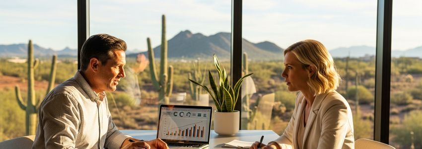 Arizona restaurant owner reviewing financing options with business advisor