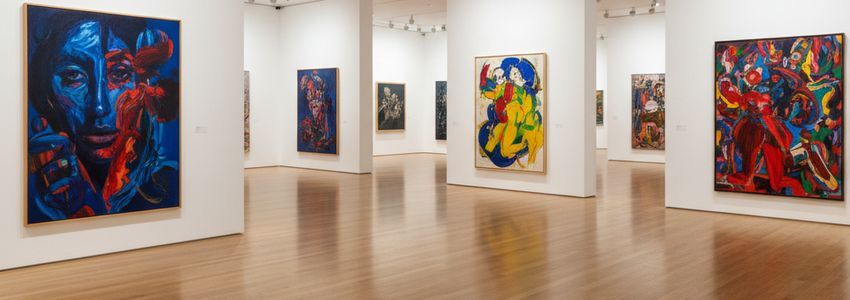 Interior of a contemporary art gallery with colorful artwork on display