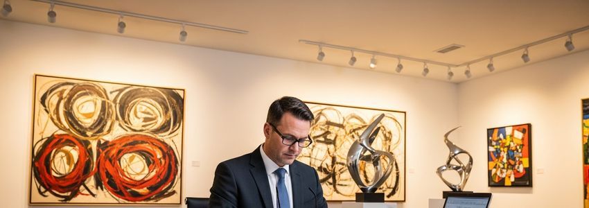 Art gallery owner reviewing financing options at their desk with contemporary artwork in background
