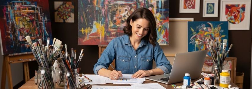 Art studio owner reviewing financing documents at a creative workspace