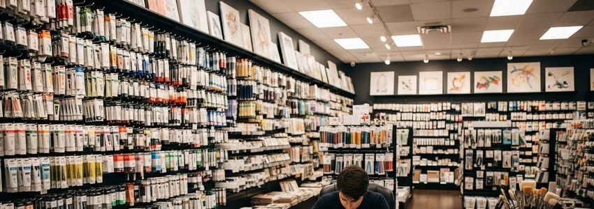 Art supply store owner reviewing financing options at desk with art supplies in background