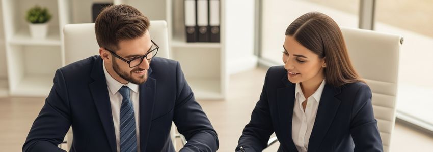 Business owner and loan officer reviewing corporate documents at an office meeting