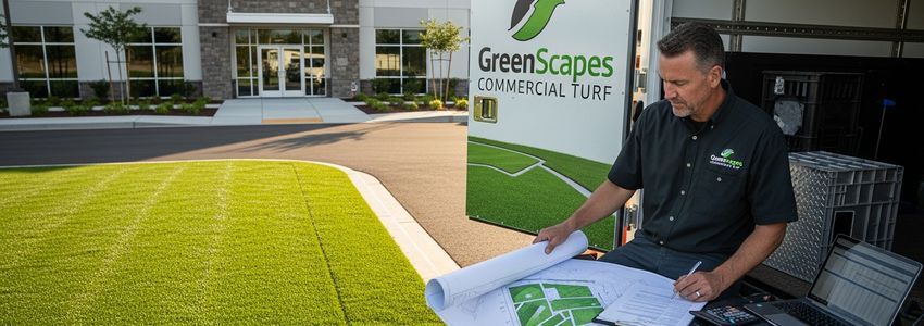 Artificial turf installation business owner reviewing financing paperwork