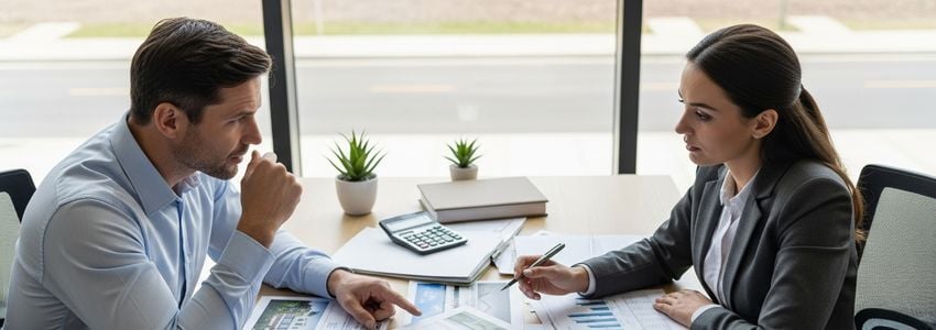 Real estate investor and loan officer reviewing ARV calculations and property documents at a professional office