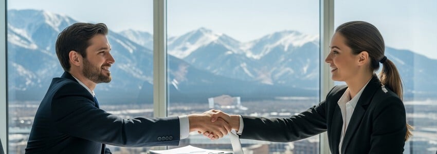 Colorado business professionals discussing small business loan options in a modern office