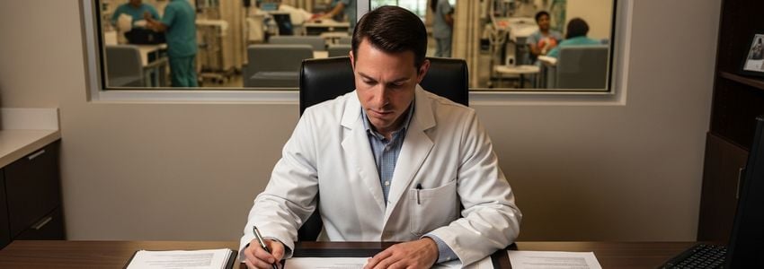Healthcare professional reviewing ambulatory surgery center loan documents at modern office desk