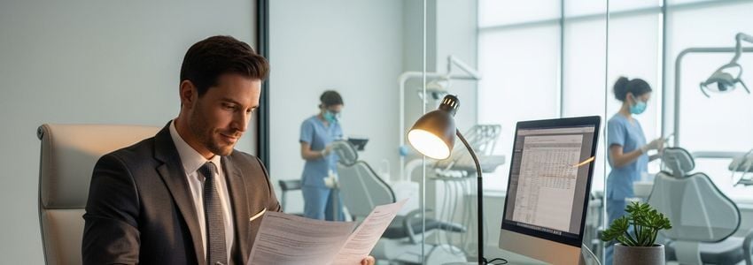 Dental franchise business owner reviewing loan documents
