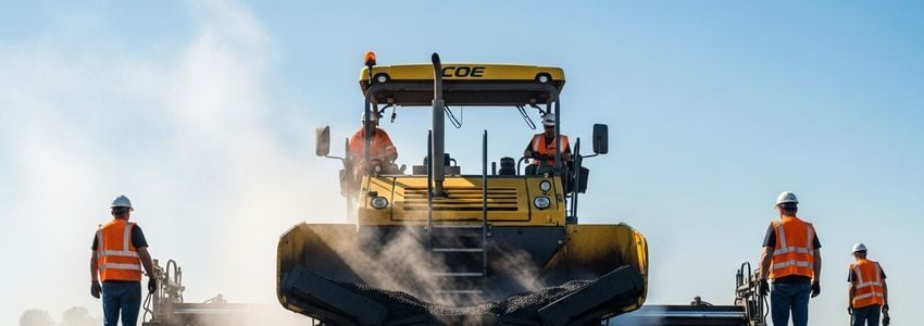 Paving contractor reviewing asphalt paver financing documents at a construction site