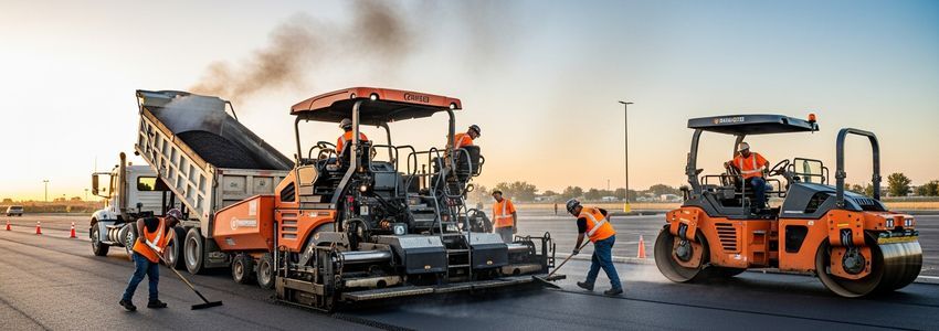 Commercial asphalt paving operation with paver machine laying fresh asphalt on parking lot