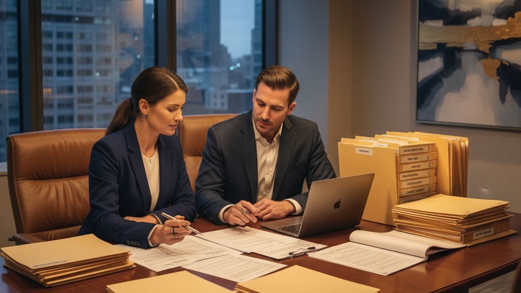 Financial advisor and business owner reviewing asset-based lending documents at a conference table